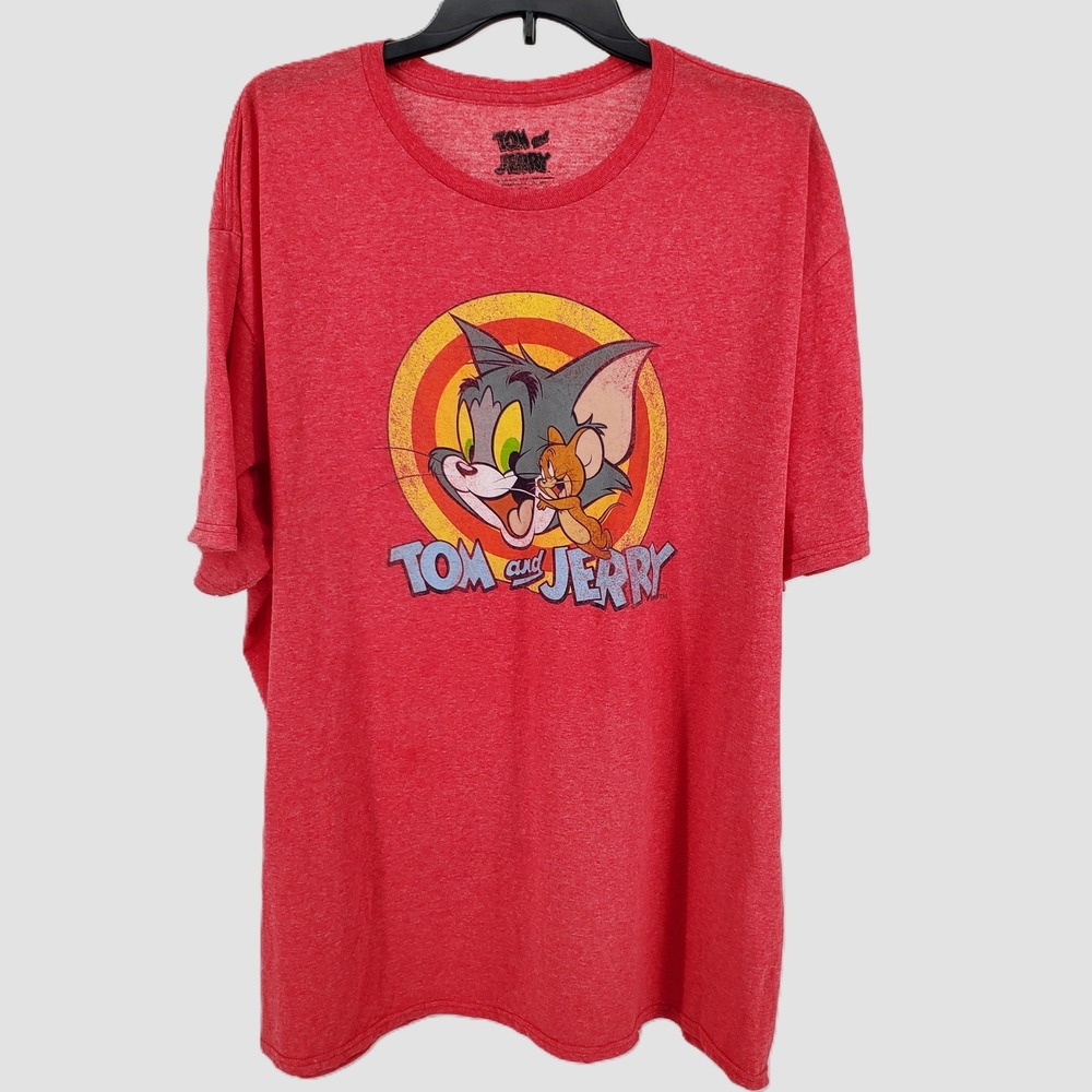 Tom and Jerry Mens 2XL Graphic T-Shirt Red Heather Retro Cartoon Short Sleeve